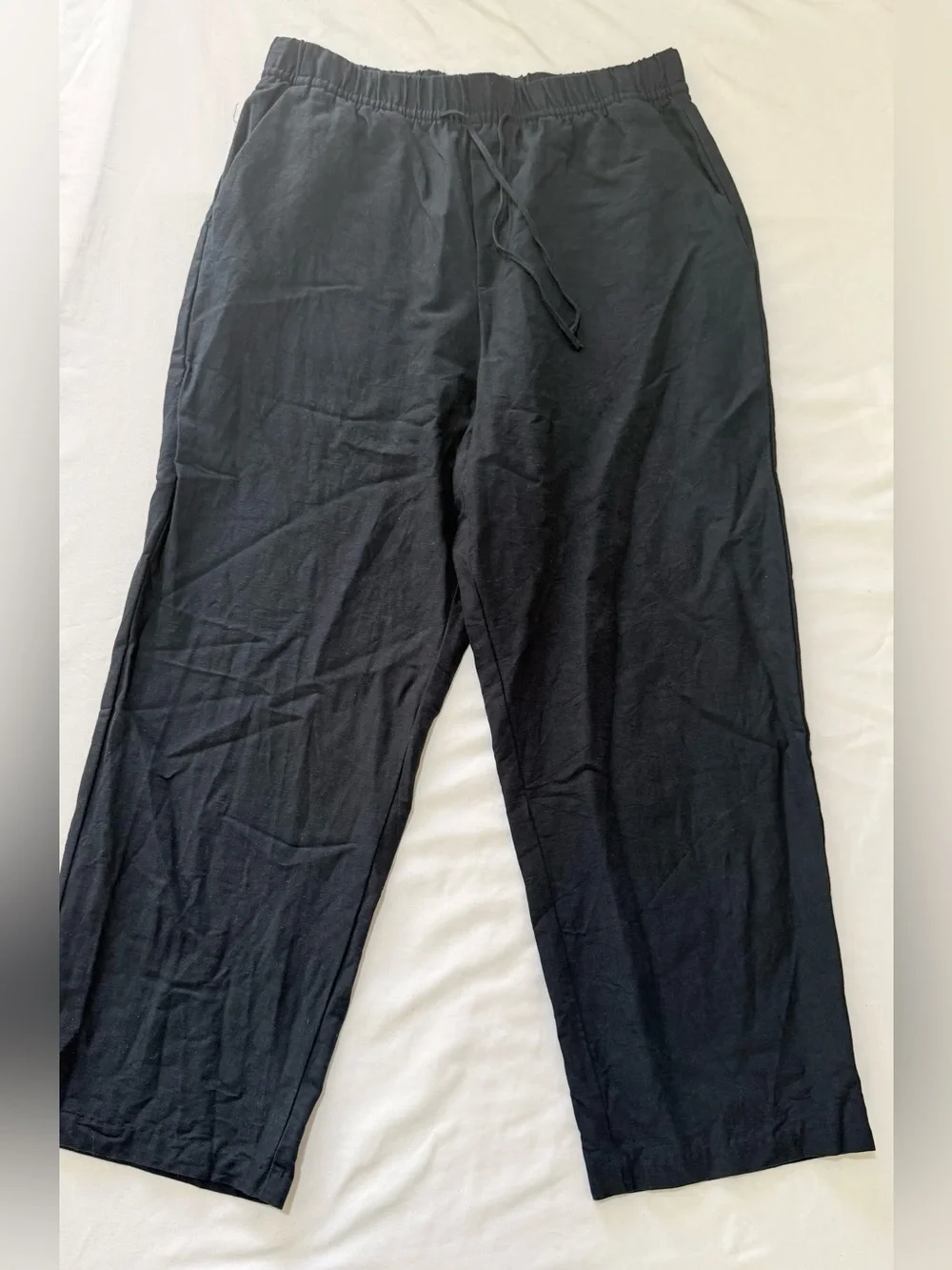 H&M Navy Blue Women's Linen Blend Drawstring Waist Trousers size Small